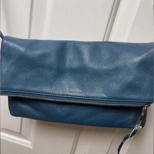 Calvin Klein Samira Turquoise Blue Pebbled Soft Leather Flap Crossbody Bag Purse